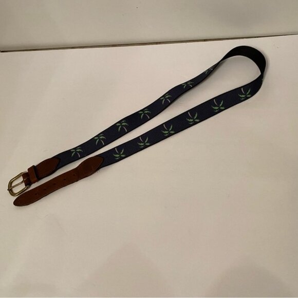 THOMAS BATES BELT BLUE FABRIC GREEN PALM TREES BROWN LEATHER BRASS BUCKLE 38 USA - Picture 7 of 11